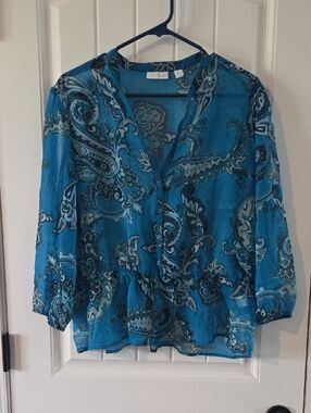 New York & Company Turquoise Paisley V-Neck Peasant Blouse